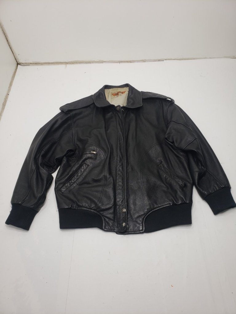 The Flight Club Black Leather Bomber Jacket Aviation Map Lining Mens Large
